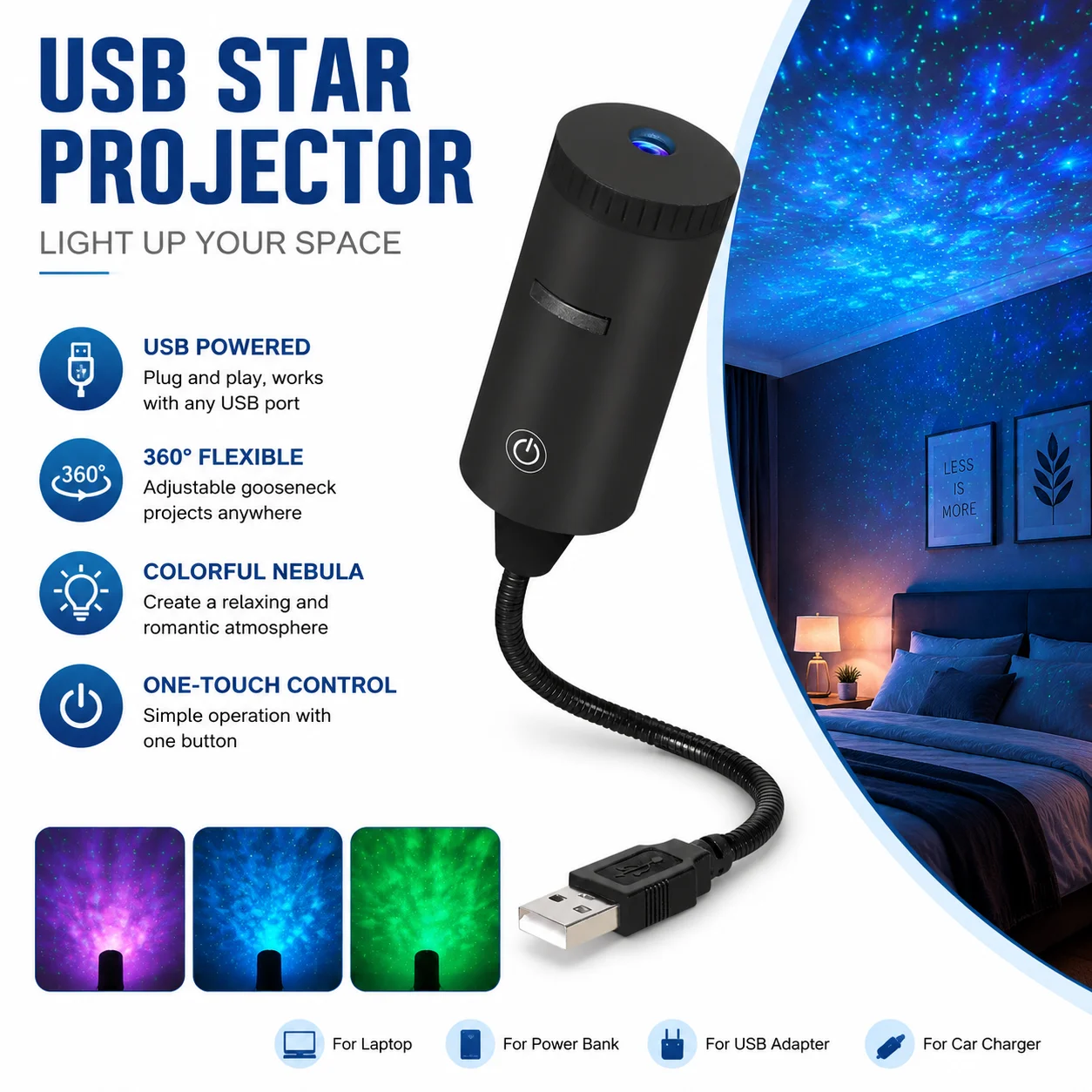 Milky Way Moon Starry Sky Projector USB Flexible Gooseneck Star Night Light Ceiling Decor Projection Lamp