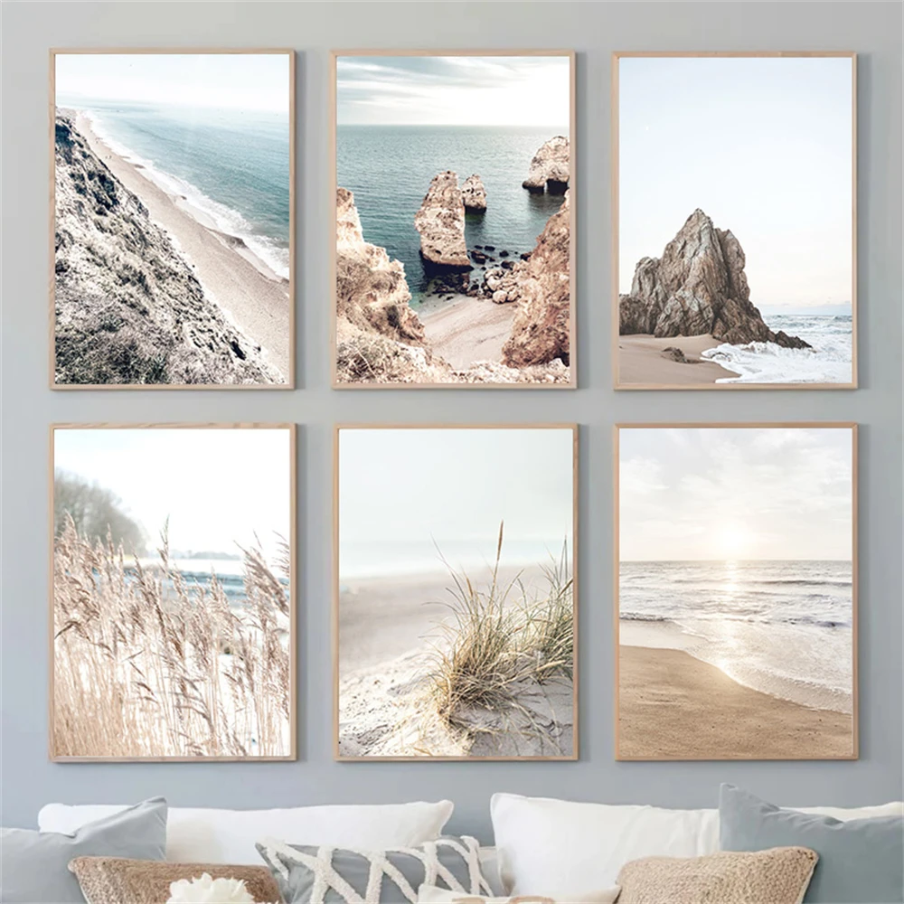 Sea Beach Grass Reed Landscape Wall Art Posters Canvas Painting Coastal Seascape Print Pictures Modern Living Room Home Decor