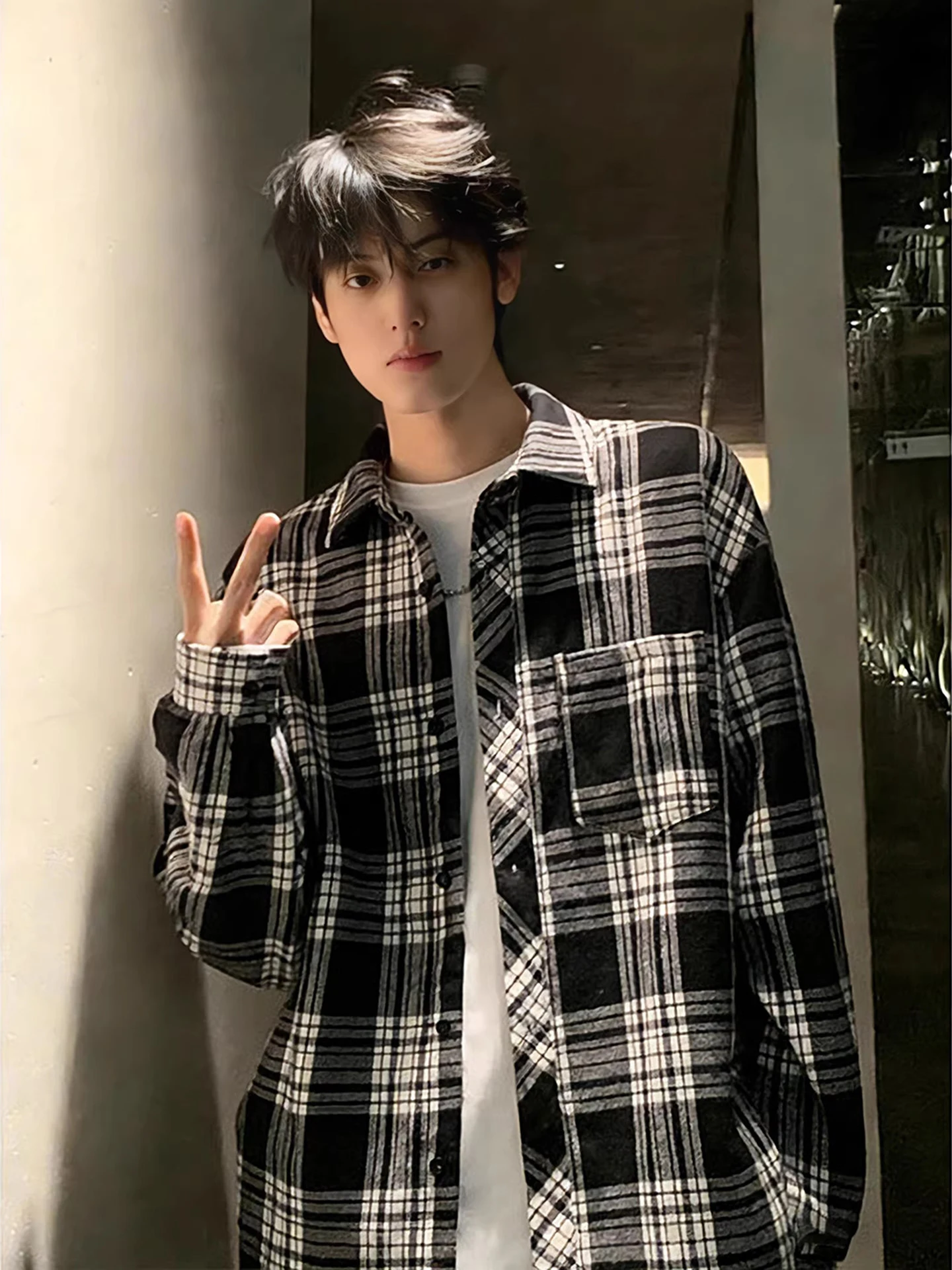 

Bla Plaid Long Sve irt Men's Sle Spring 2026 American Sle irt Youthful Retro Flipped Collar Outerwear