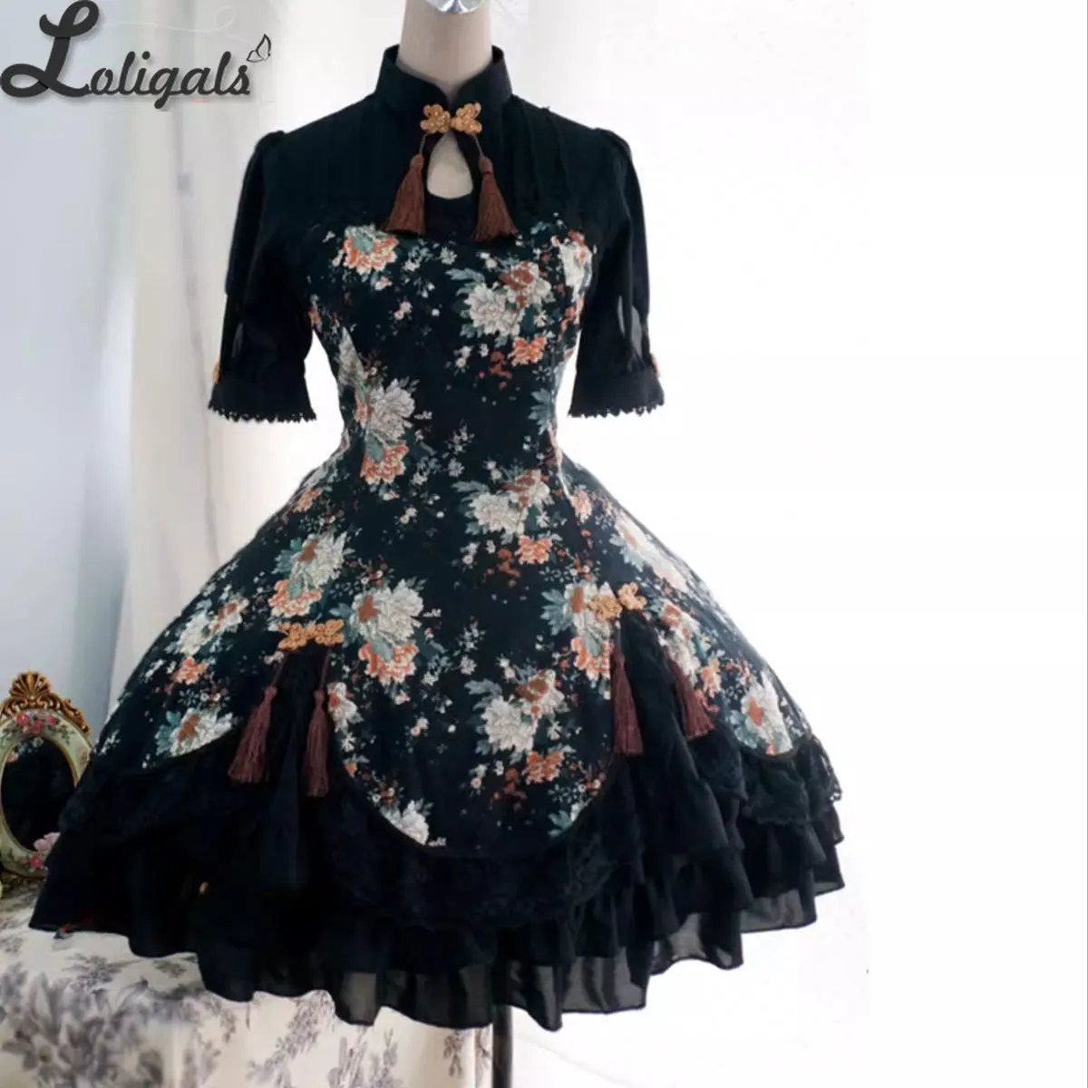 

Vintage Chinese Style Qi Lolita Dress Keyhole Neck Peony Flower Printed Midi Dress with Tassels by Strawberry Witch
