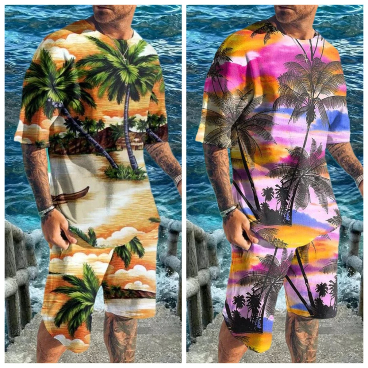 

25/26 Новый Гавайский спортивный костюм с 3D принтом, летние мужские комплекты футболок с короткими рукавами, модная уличная одежда, футболки, шорты, спортивная одежда из 2 предметов