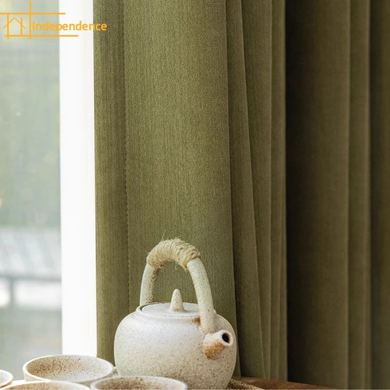 Custom Retro Olive Green Jacquard Velvet Thickened Blackout Curtains for Living Room Bedroom French Window Balcony Partition