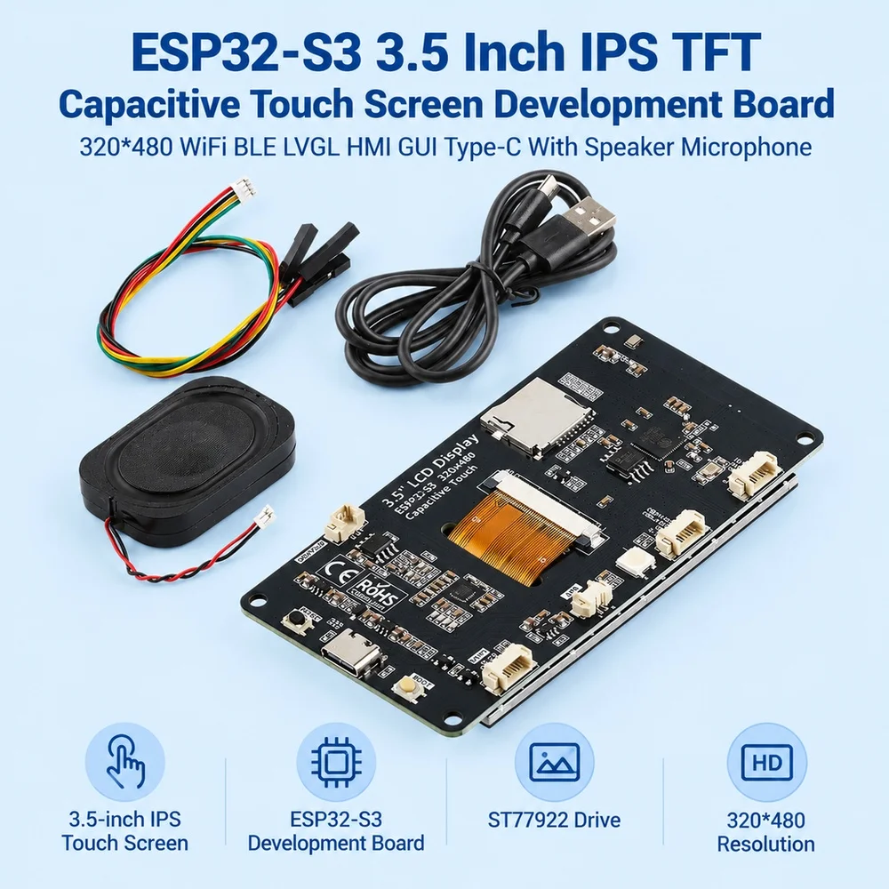 esp32-s3-35インチips-tft静電容量式タッチスクリーン開発ボード-320-480-wifi-ble-lvgl-hmi-gui-type-c-スピーカー・マイク内蔵