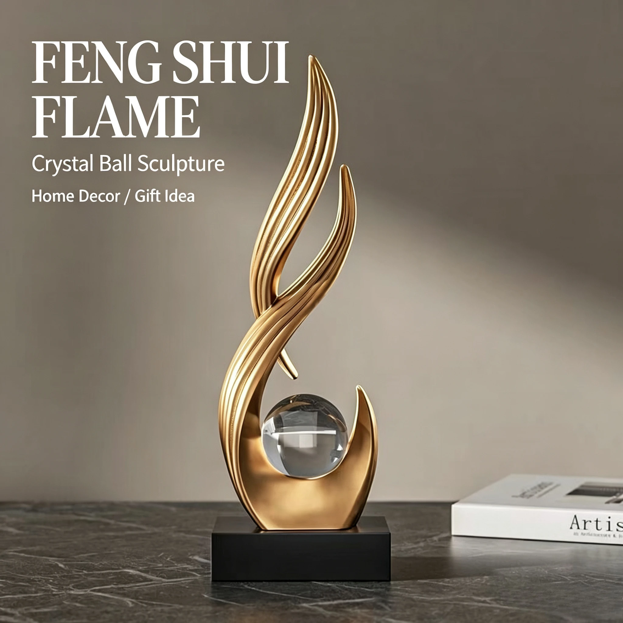 Modern Abstract Golden Flame Statue Resin Sculpture Crystal Ball Feng Shui Ornament Desktop Decor Living Room Office Home Gift