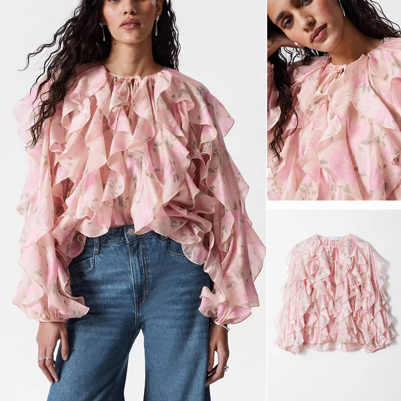 Słodki kwiatowy wzór, długa bluzka, wiosna-lato, nowość, damski top, plisowany, do pracy, luźny krój, okrągły dekolt.