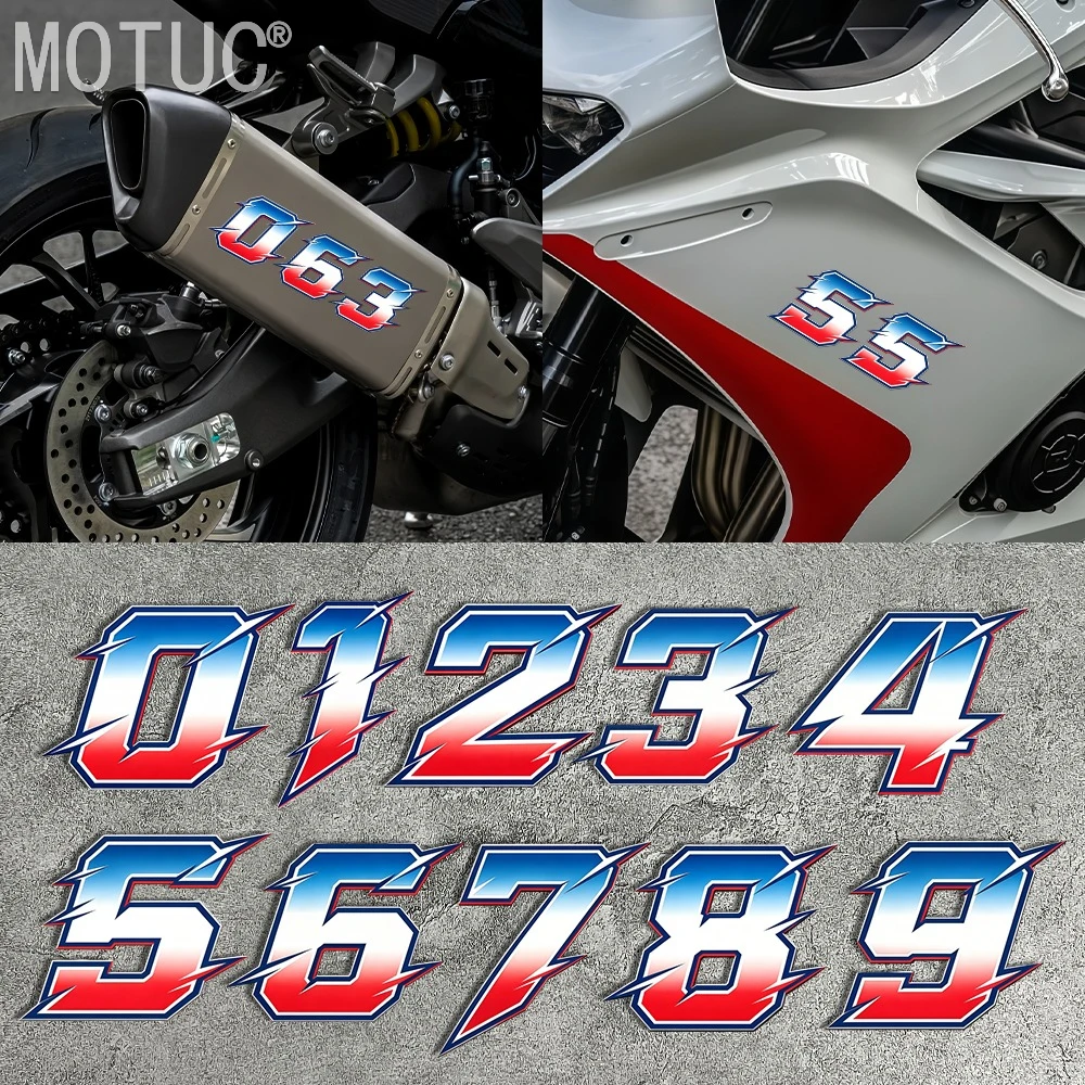 1PC Cool Blue Red Gradient Lightning Style Racing Number Decals 0-9 Waterproof Vinyl Stickers for Motorcycle Helmet Fairing Body