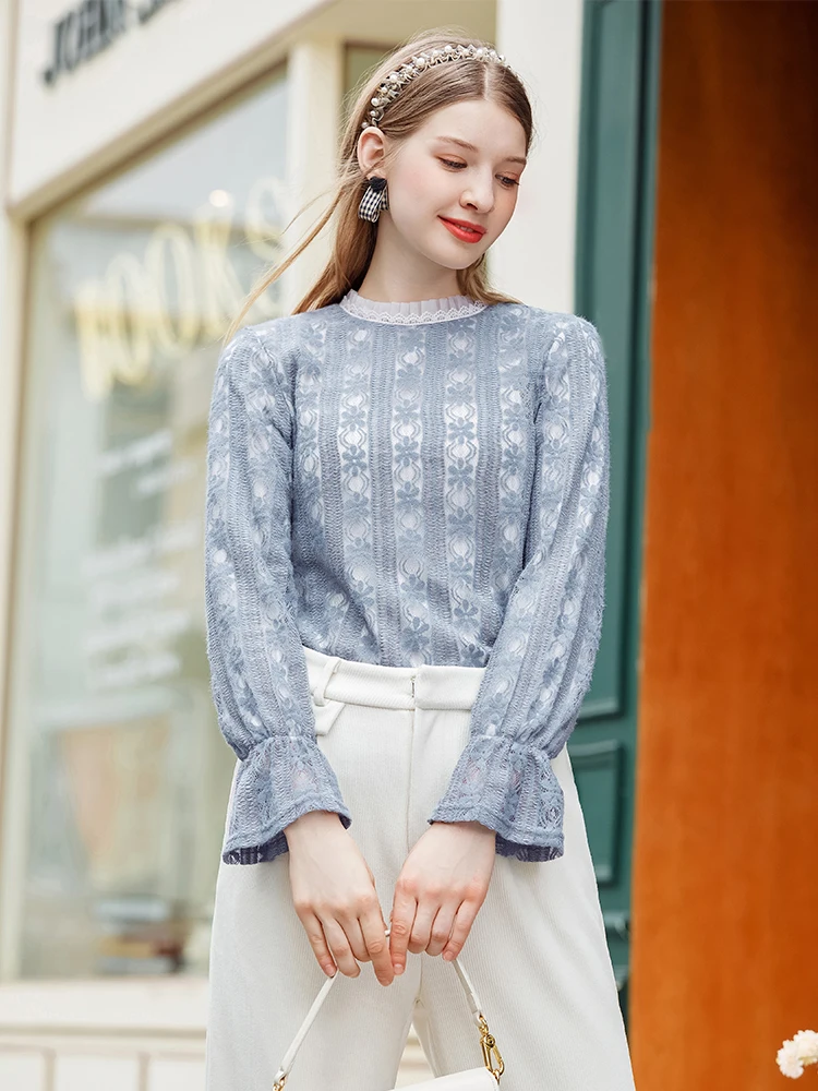 I BELIEVE YOU Autumn New Lace Blouse 2022 Winter Office Lady Mesh Patchwork Oneck Long Sleeves Fleece Warm Women Tops 2204083508