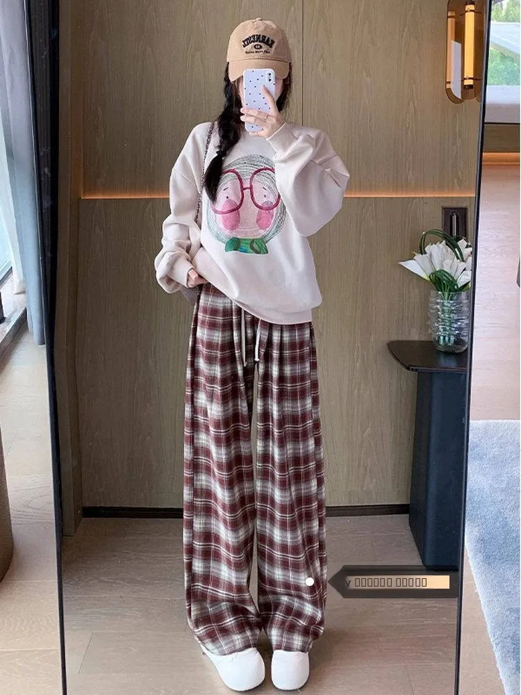 

Красные клетчатые широкие брюки, женские зимние 2023, новые мягкие драпированные свободные прямые элитные повседневные широкие брюки, повседневные брюки