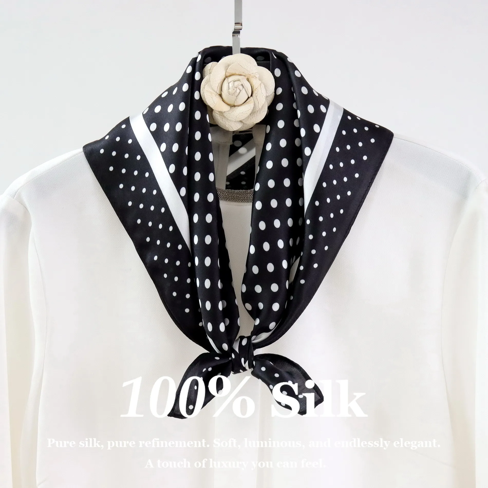 Women 100% Mulberry Silk Scarf for Flight Attendant Hair Wrap Luxury Brand Vintage Dot Print Bandana Elegant Shawl Gift for Mom