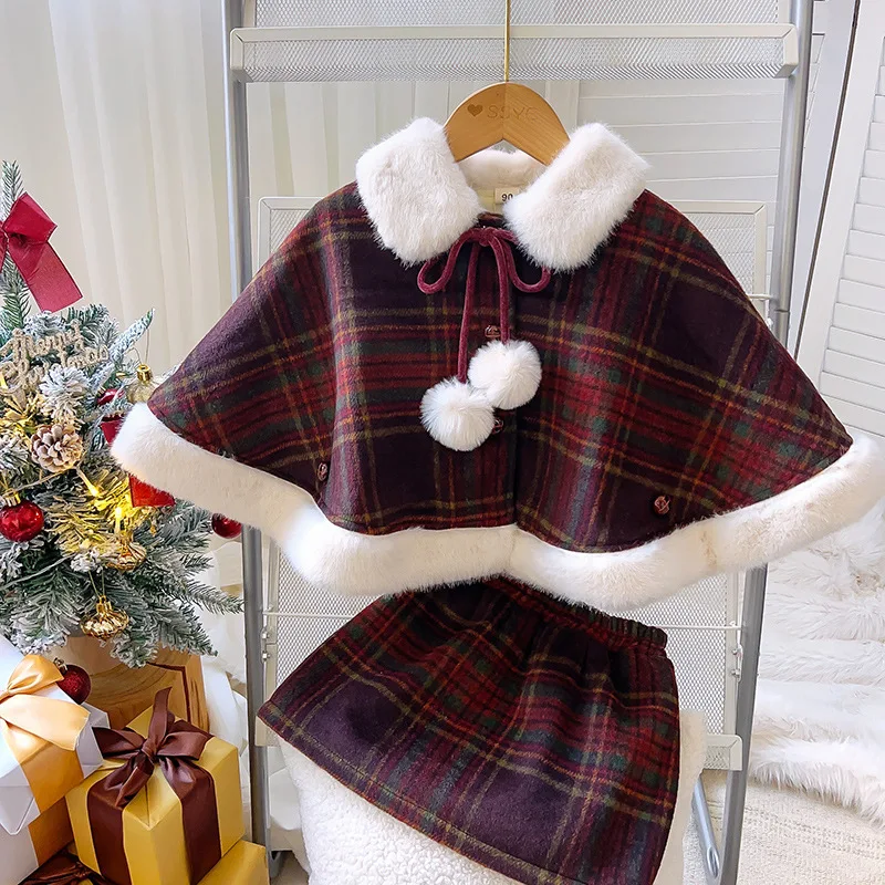 

2024 Girls Christmas Red Plaid Two Piece Set Girl Cloak Short Coat Winter Half Skirt Children Warm New Year Holiday Party Set