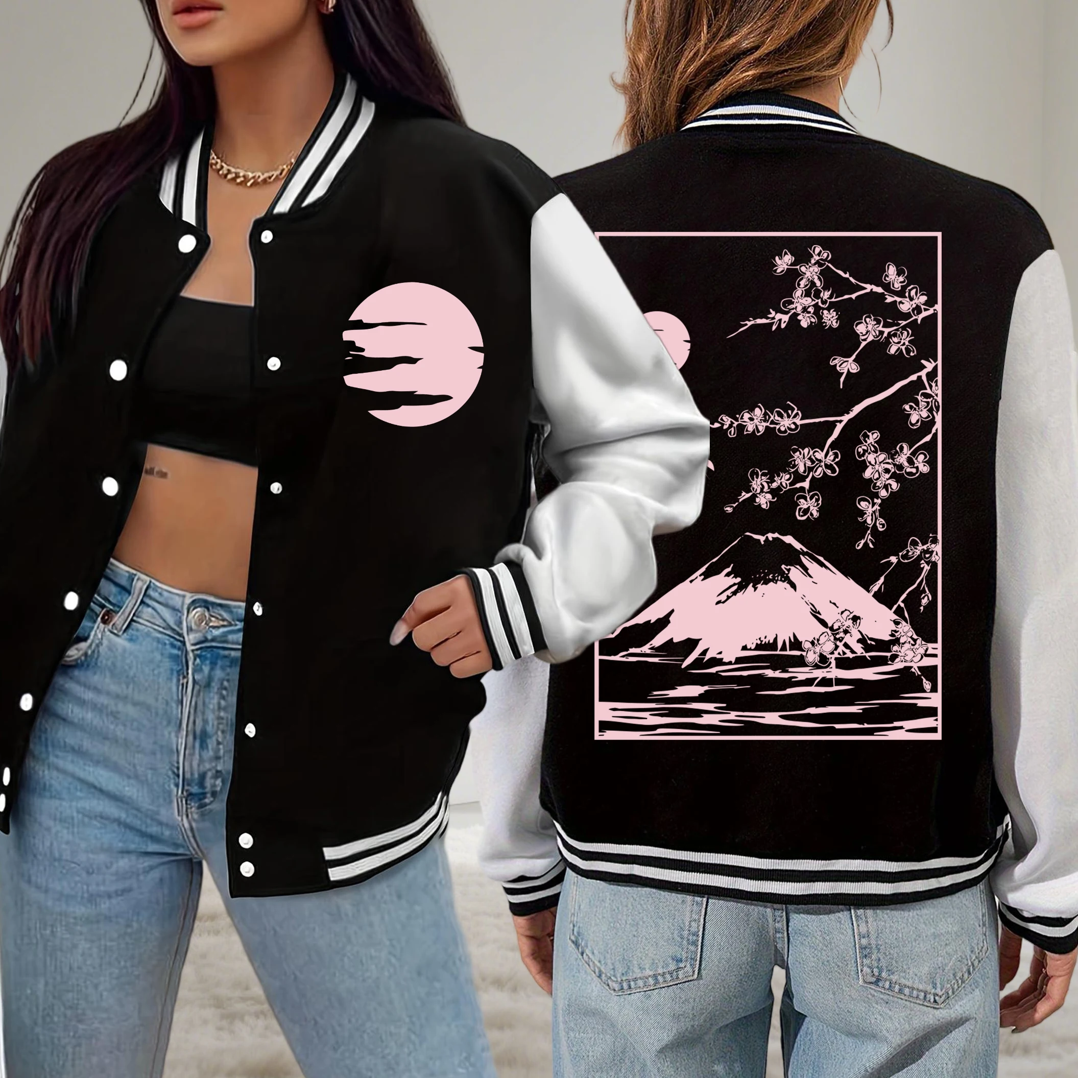 

Tokyo Sakura Mount Fuji Business Card Print Women Jacket Fleece Hip Hop Baseball Uniform Autumn Casual Streetwear Loose Clothes