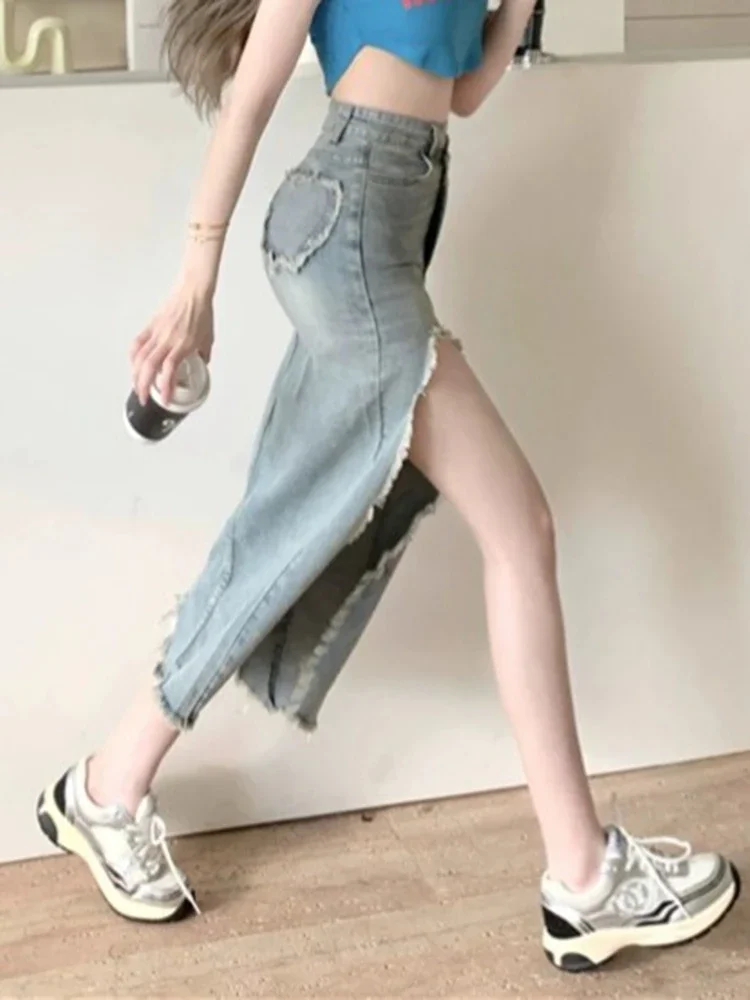 

New Chicly Irregular Sexy Split Simple Women Skirts Summer Basic High Waist Fashion Vintage Washed Street Casual Female Skirts