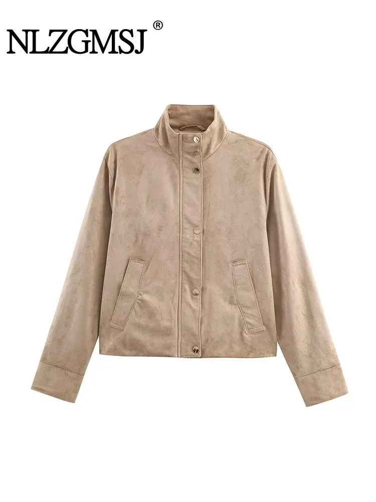 

NLZGMSJ винтажная повседневная шикарная замшевая куртка-пилот, однотонные короткие пальто с круглым вырезом и карманами на молнии, модные осенние женские пальто