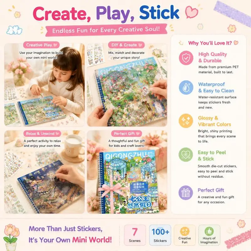Cartoon Princess Story Sticker Book Vivid Garden Scenes Pre Cut Stickers For Kids DIY Craft Fun Play