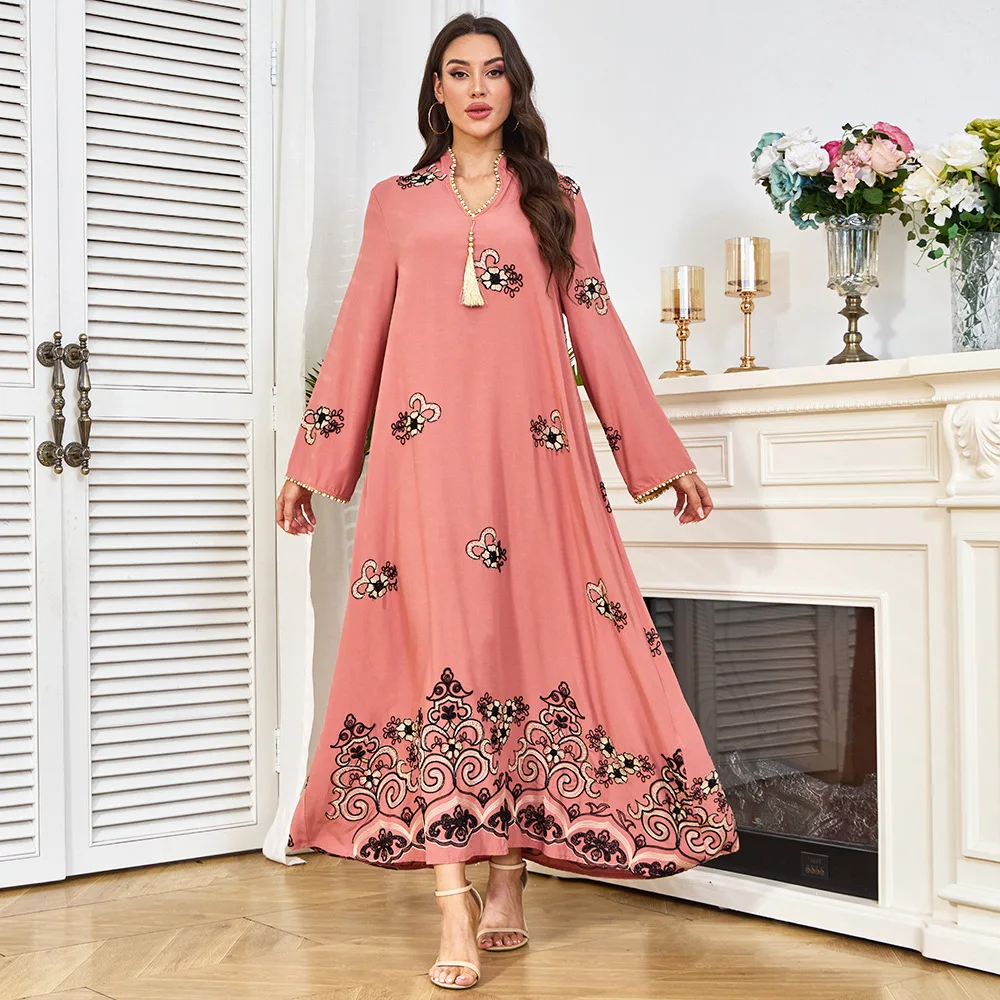 Medio Oriente Moda Donna Musulmana Rosa Stampato Casual Alla Moda Manica Lunga Alla Caviglia Con Scollo A V Ricamato Abaya Abiti Femminili