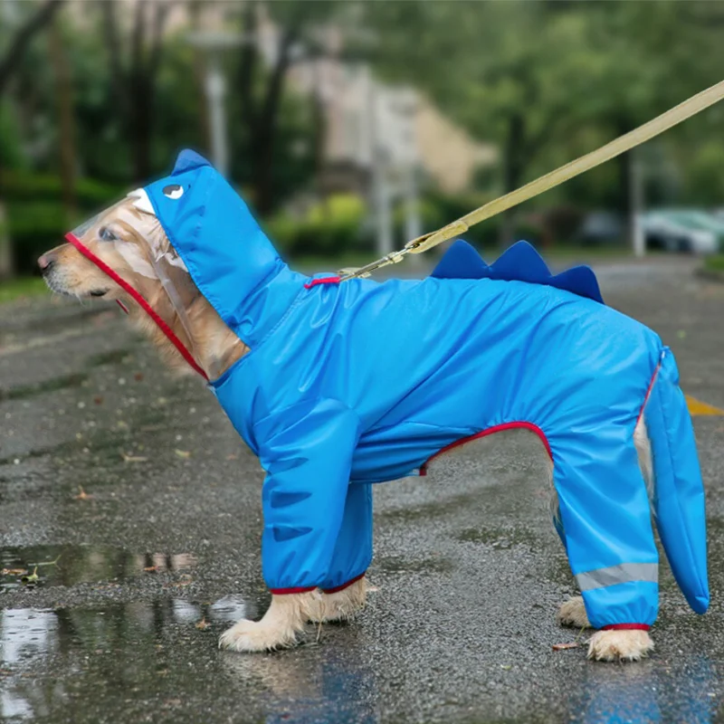 

Raincoats For Large Medium Dogs Waterproof Pet Jacket Retriever Blue Clothes With Legs Hood Harness Hole Reflective Stripes Cove