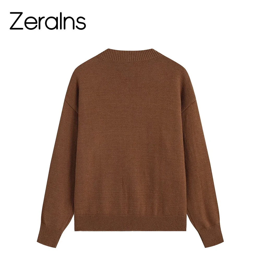 ZERAINS New women's clothing European and American style high-end solid color multi button brown knitted cardigan