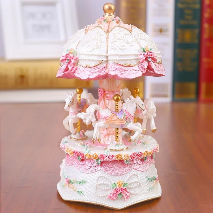 Modern Flashing LED Light Resin Carousel Music Box Kids Ornament Crafts Birthday Wedding Gifts Home Desk Accessories Decoration