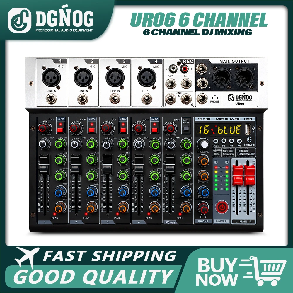 

DGNOG 6 Channel Sound Mixer 16 DSP Professional Audio Mixing Console with USB Bluetooth for DJ Party Recording Sound Table UR06