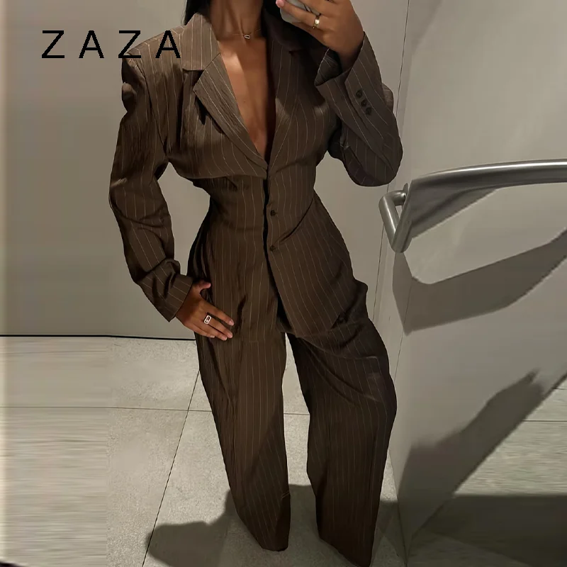 Vintage Brown Strip Blazer Jacket Pant Sets Padded Shoulder Slim Fit Suit Coat High Waist Casual Trousers 2025 New Autumn Outfit