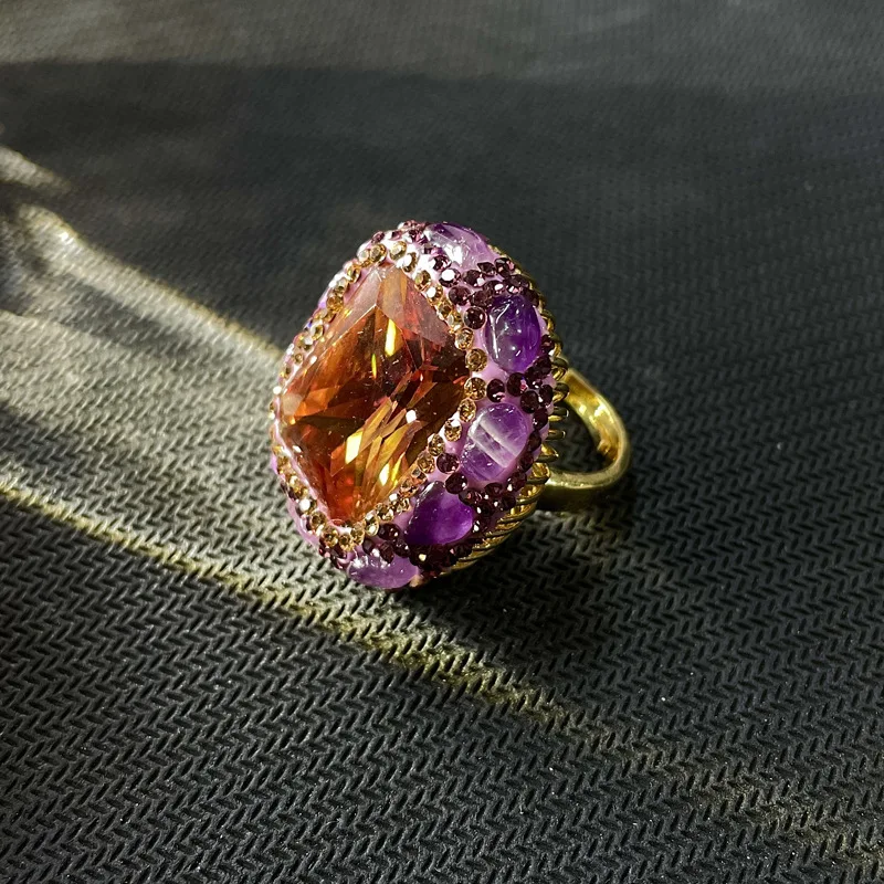 Vintage Natural Amethyst Ring Raw Crystal Stone Adjustable Size for Women Gold Plated Retro Jewelry Suitable for Index Finger image 4