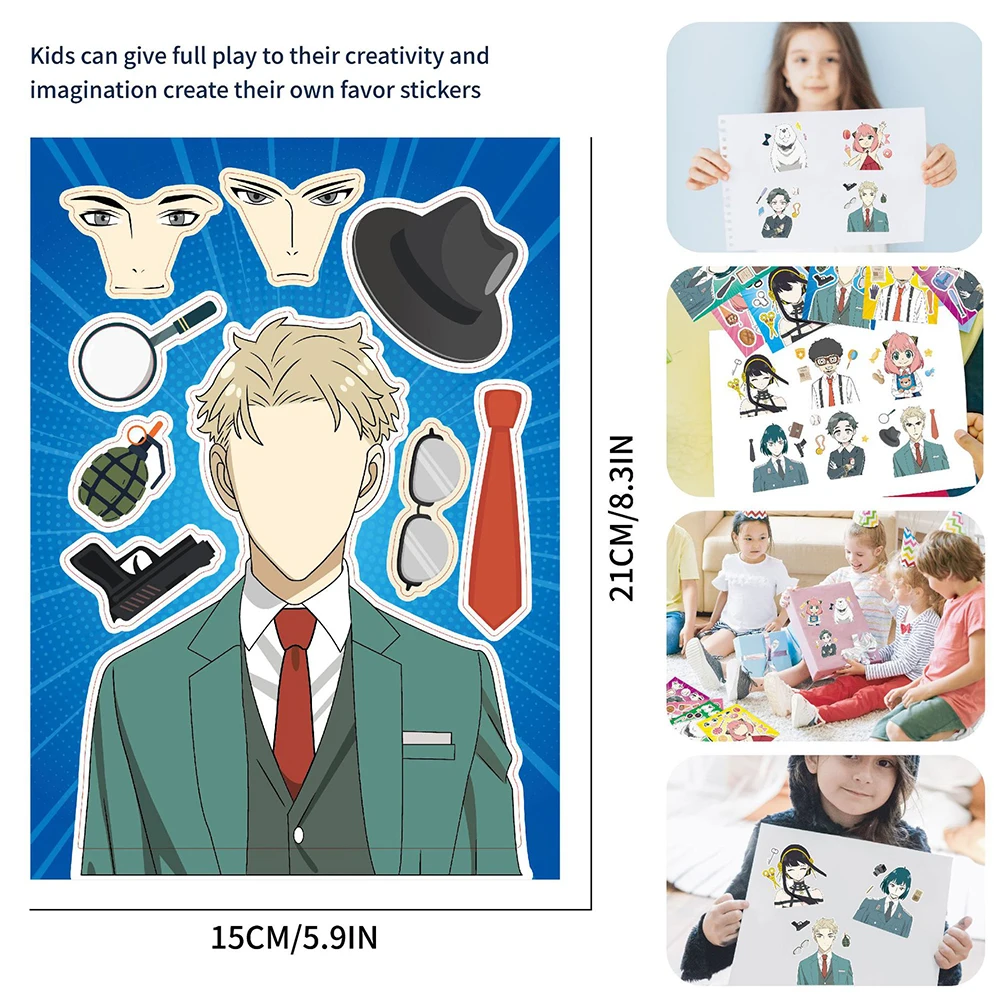 8/16Sheets Children Anime SPY×FAMILY Puzzle Stickers Create Your Own Anya Forger Toys Funny Assemble Jigsaw Kids Game Party Gift