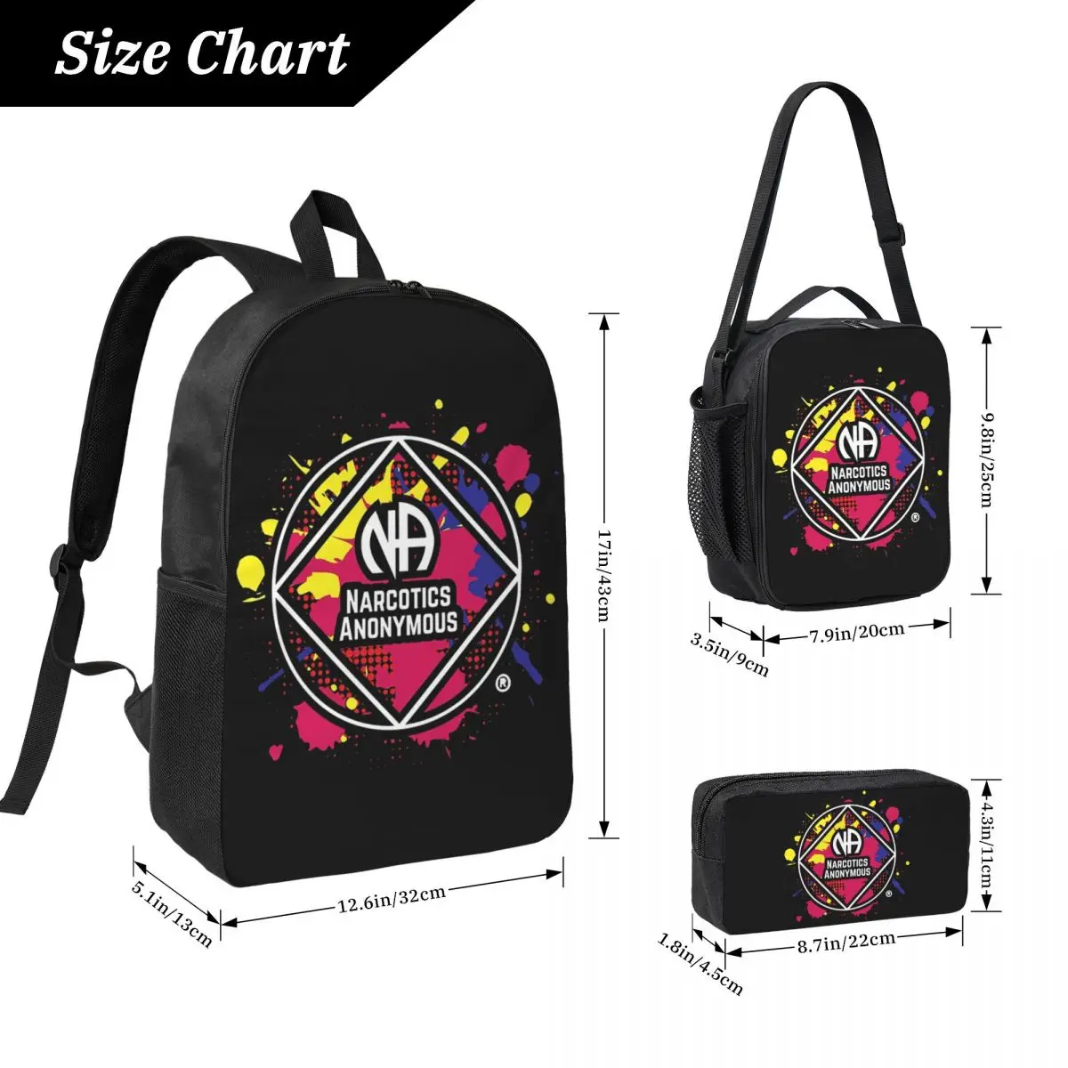 NA - Narcotics Anonymous Backpack Student BookBag School Bag Laptop Shoulder Bags 3ps Insulated Lunch Bag Pencil Case