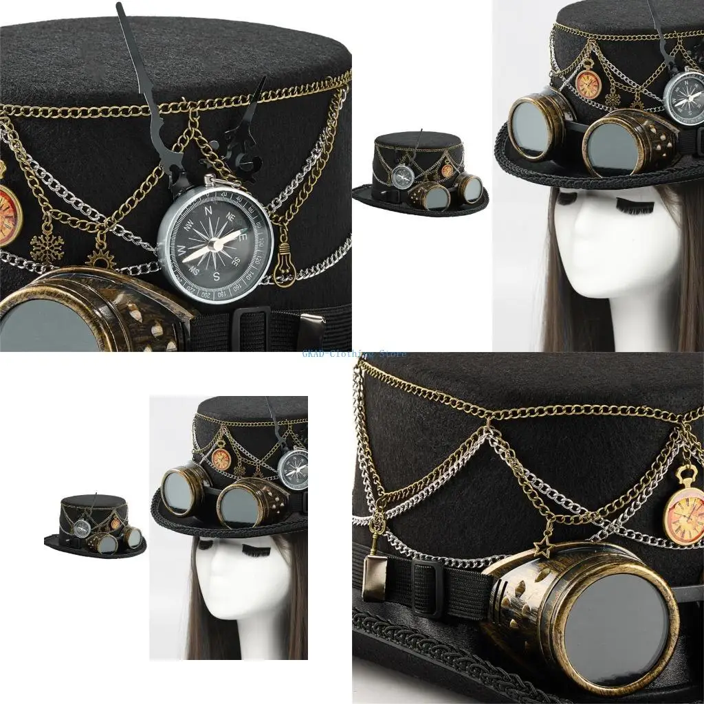 

N0PE Gothic Steampunk Costume Top Hat Metal Chain Goggles Headpiece for Halloween