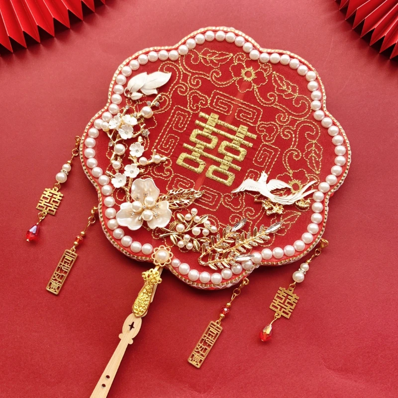 New Chinese Style Wedding Fan Xiuhe Circular Fan Wedding High-End Red Antique Embroidery Wedding  DIY Special-Shaped Exquisite