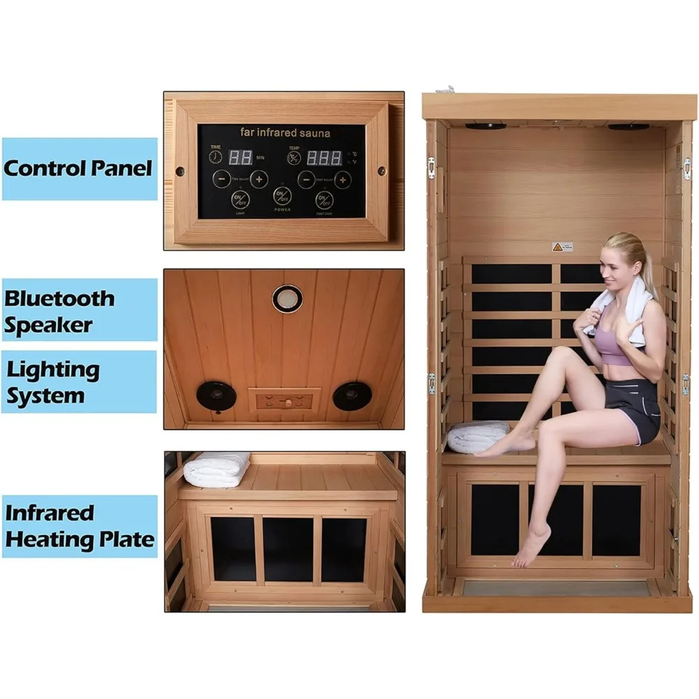 Sala de Sauna de jardín de tamaño para 1 persona con Sauna de madera de infrarrojos lejanos de 1350 W Cedro rojo canadiense 8 calentadores EMF bajos y 2 altavoces Bluetooth