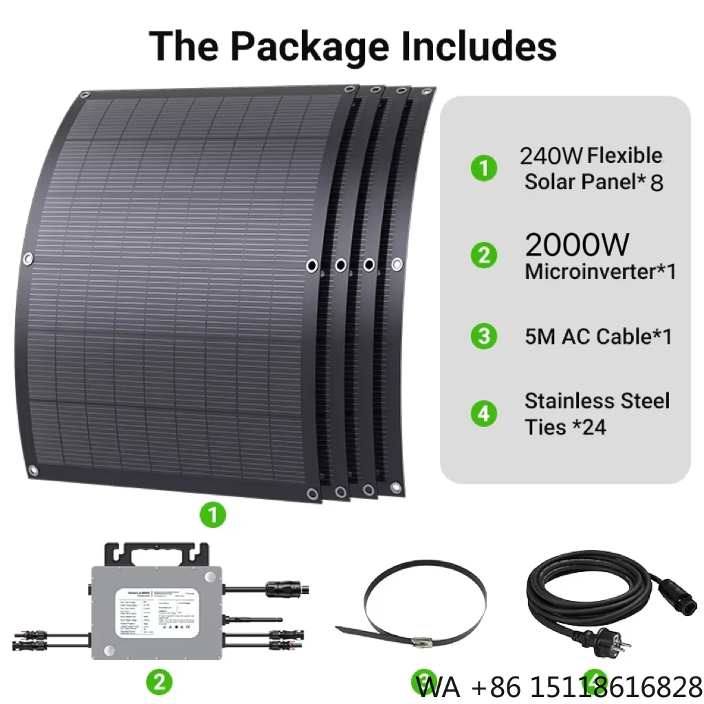 8pcs 240W Ultra-Efficient Flexible PV With Solar Energy System 2kw Home  Microinverter WiFi on Grid Balcony Residential