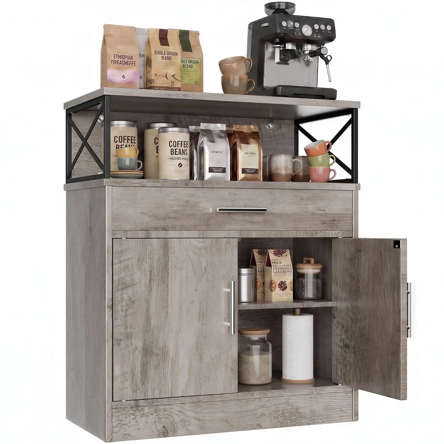 Farmhouse Coffee Bar Cabinet Modern Sideboard Buffet Adjustable Shelf Storage Kitchen Dining Room Grey, Customized