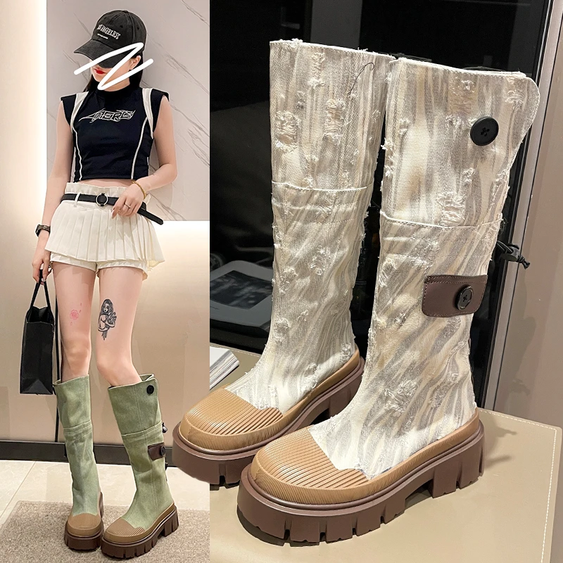 Denim Chelsea Knee High Boots Women Platform Shoe 2024 Designer Winter Flats Shoes Goth Motorcycle Boots Casual Shoes Botas