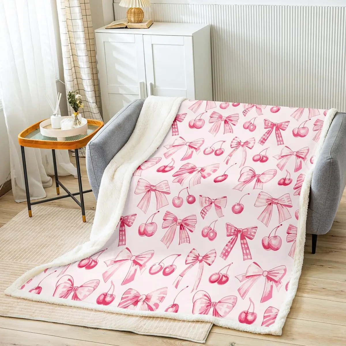Bowknot Princess Throw Blanket Pink Bow Cherry Tropical Fruits Patchwork Bed Blanket for Girls Women Twin Size  x  Inches