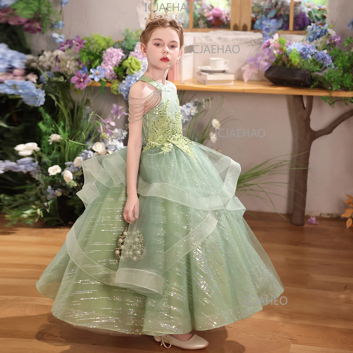 High-End Girls Stunning Mini Dress Green Forest Elf Flower Girl Outfit For 10-Year-Old Birthday Party Piano Performance Costume