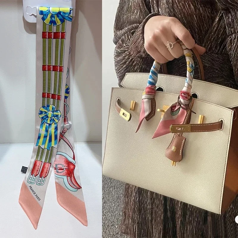 

Gift Present French Scarf for Women Chain Lock Ribbon Hair Band Twill Neck Tie Handbag Handle Decorative Fashionable Accessory