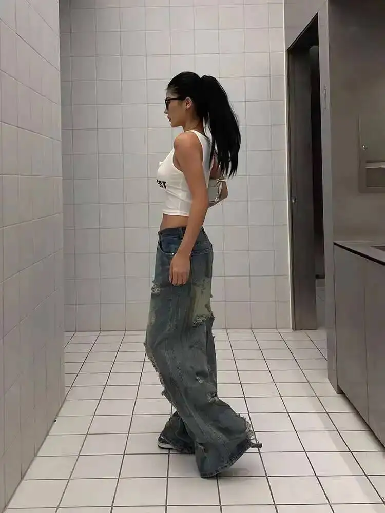 Heiße Mädchen Vintage Zerrissene Jeans Für Frauen Frühjahr Neue Hohe Taille Schlank Bodenlangen Hosen Mit Breiten Beinen Hosen LLV8