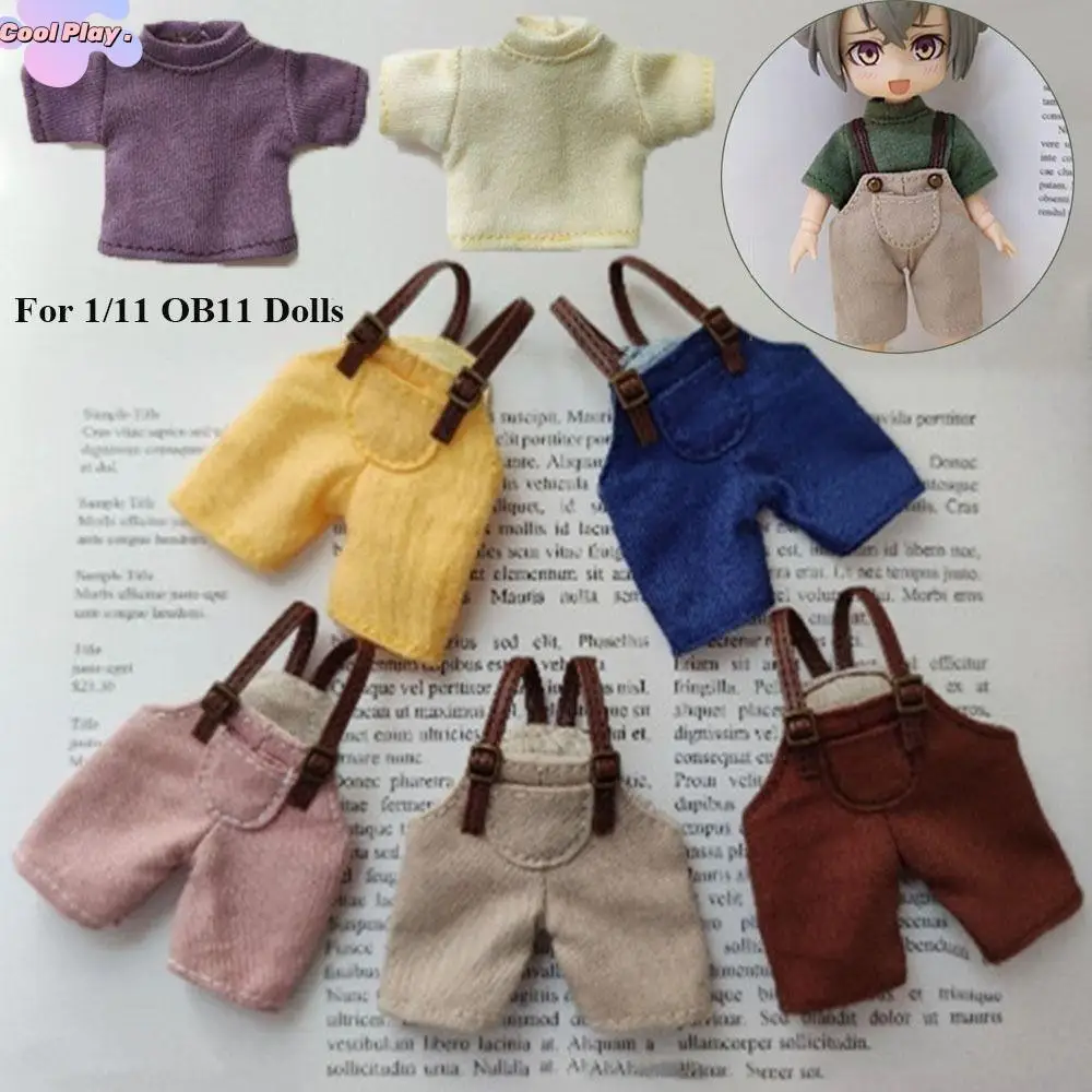 

Fashion Casual Wear Doll Suspender Pants Candy Color Handmade Obitsu11 Clothes Overalls T-shirt OB11 Knitted Tops 1/12 Bjd