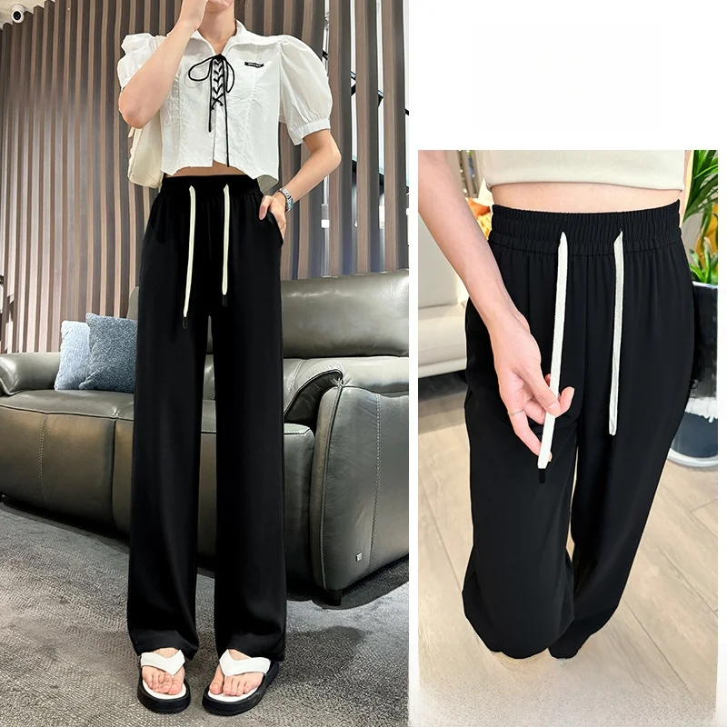 Pink Wide Leg Suit Pants Women's Draped Loose High Waist Small Size Straight Leg Summer Thin Ice Silk Casual Long Trousers