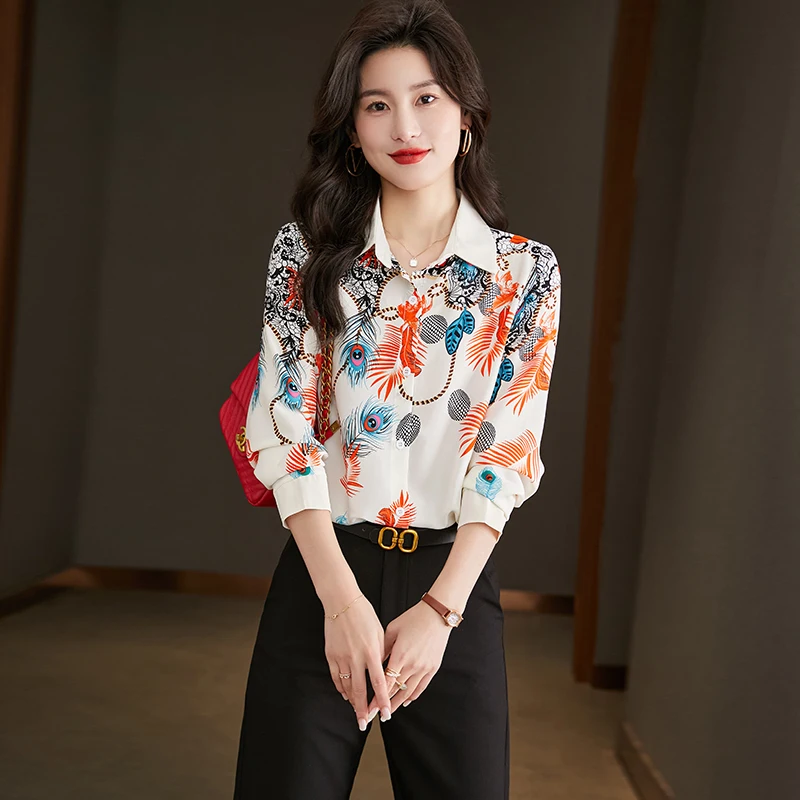 

Women's Fashion Printing Silk Clothing 2023 Spring & Summer Turn Down Collar Flowers Shirts Lady Single Breasted Silk Tops