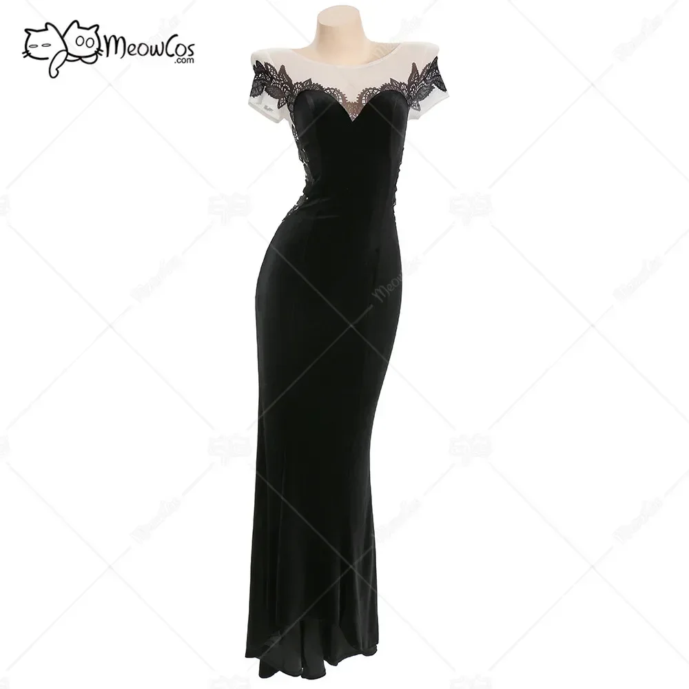 

Meowcos Women Gothic Black Velvet Open Back Leaf Trim Long Dress for Women Long Dress