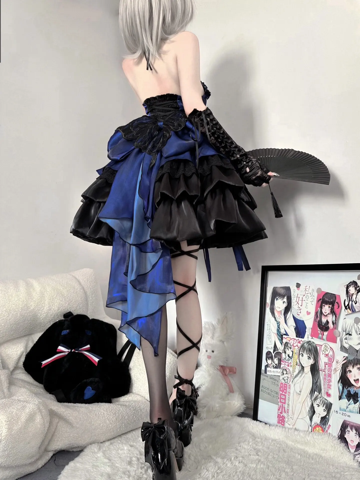 Black and Blue Lolita Style Super Pure Halter Spaghetti Straps Short Skirt Trailing Pettiskirt