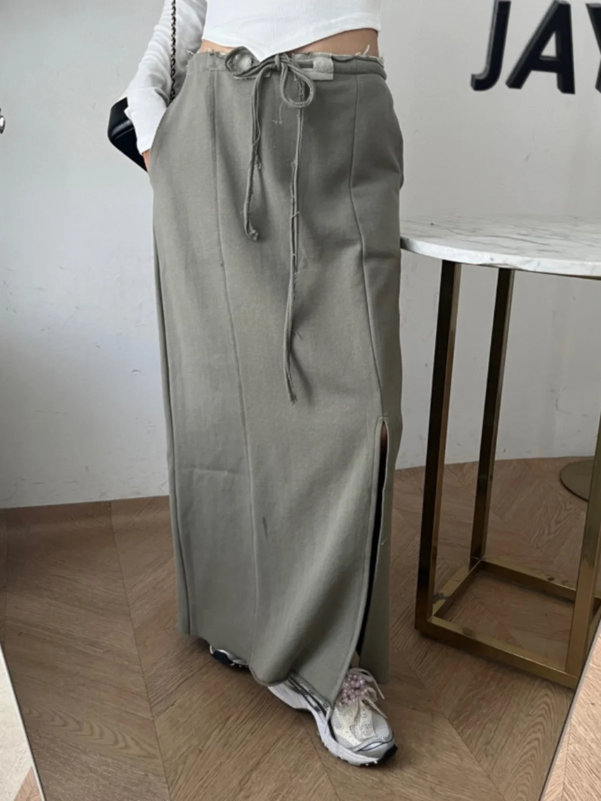 

Women's Loose Straight Cut Midi Skirt with Side Slit Dstring Waist Slimming Trousers ket Splicing Frayed Long Skirts