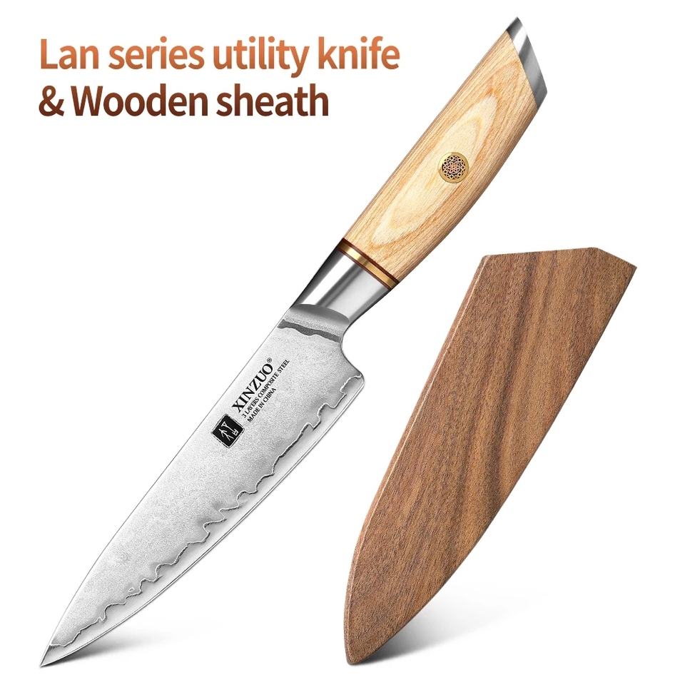  XINZUO 5'' Utility Knife 3 Layers Composite Steel Kitchen Knife with Pakkawood Handle Peeling Vegetables Knives Kitchen Tools 