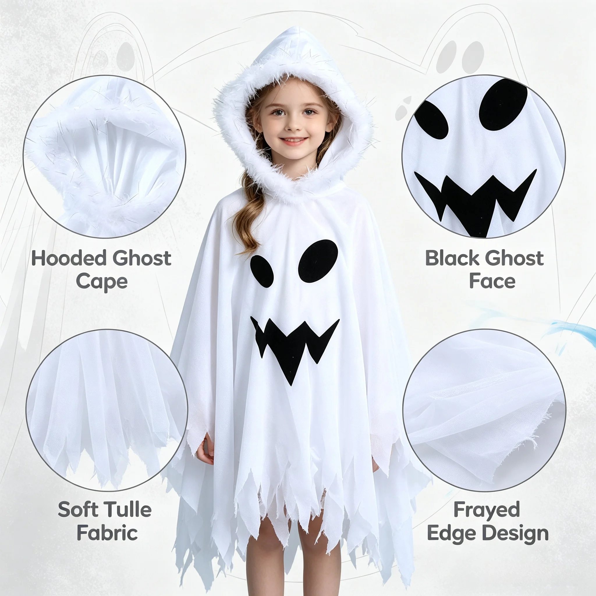 Weißer Geisterumhang für Kinder mit Kapuze, gruseligem Gesichtsdruck und gezacktem Saum für Halloween, Karneval, Cosplay und Themenpartys – Detail 3