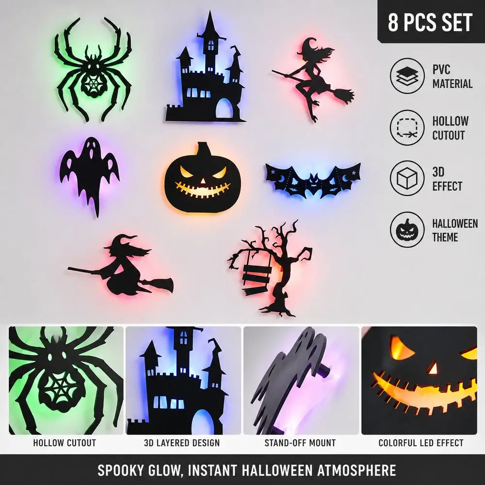 PVC Halloween Wall Stickers Hollow Cutout Halloween Theme 3D Wall Decals 3D Effect Festive Style Night Light Stickers Home Decor