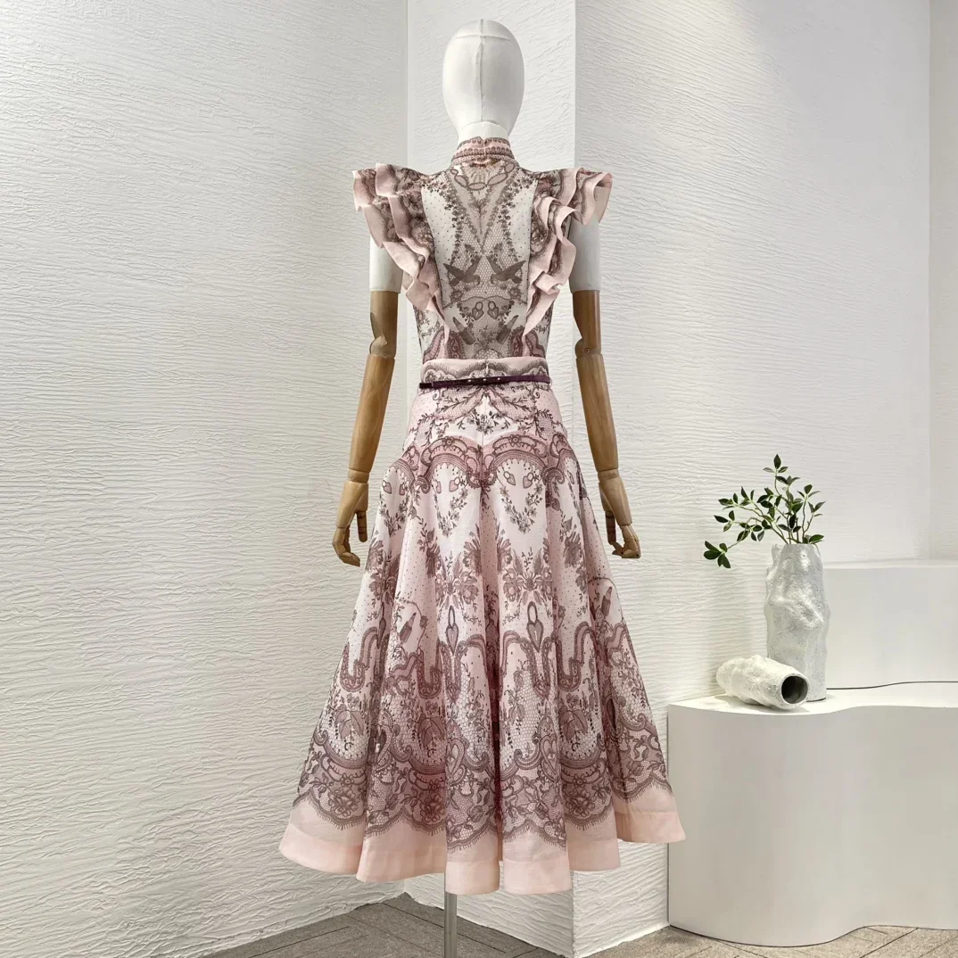 2025 New Collection Women Outfit High Quality Holiday Linen Silk Floral Print Pleat Ruched Ruffles Top Blouse and Midi Skirt Set