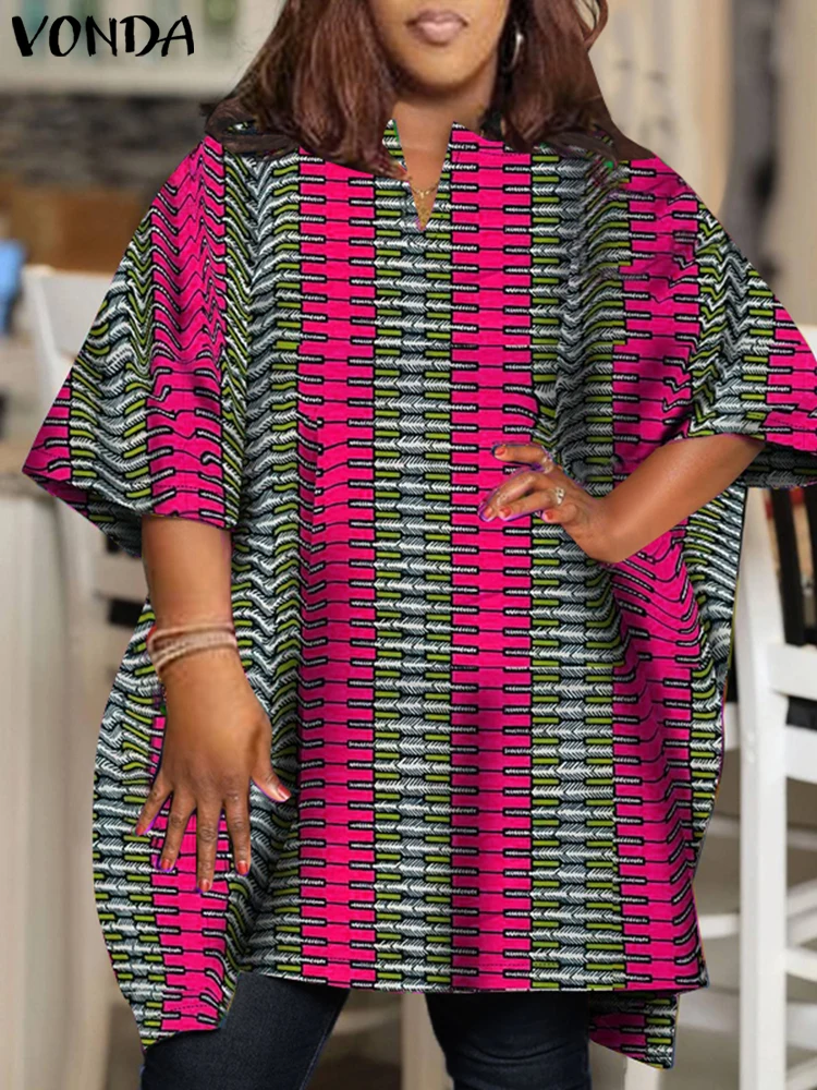 Plus Size 5XL VONDA Women Blouse 2025 Short Sleeve Printed Tops Female Blouses Vintage V-Neck Tunic Casual Loose Shirts Oversize