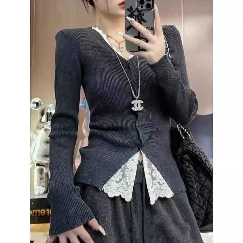 

Ele Lace Splice Knitted Long Sve Sweater Women's Slim Fit Open Cardigan Winter New Sle Ciwalk Base Top