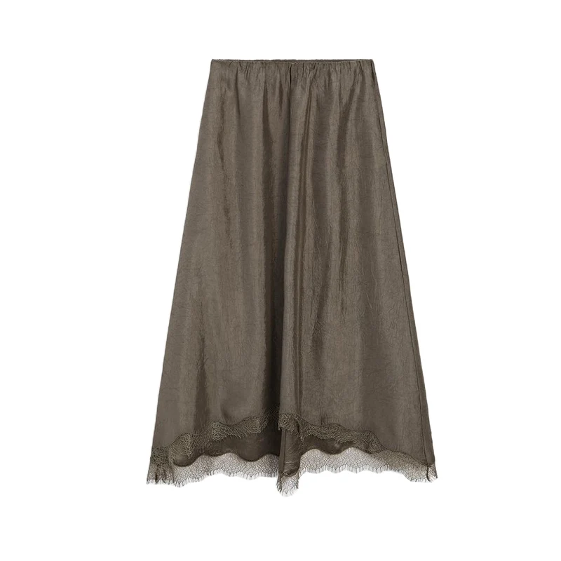 

Romantic Lady Sle f Skirt with Lace Hem Dra New Arrival Spring 2025 High Waist Long Skirt Polyester Fiber 00%